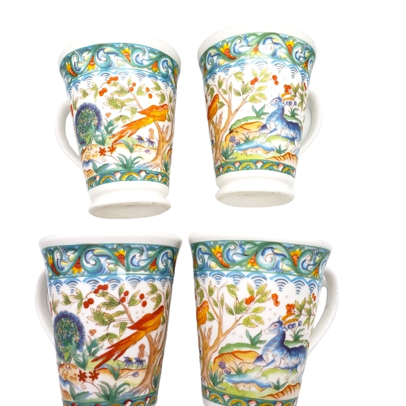 CROWN TRENT MAJOLICA DESIGN BONE CHINA MUGS X 4 PEACOCKS DEER - Picture 8 of 9